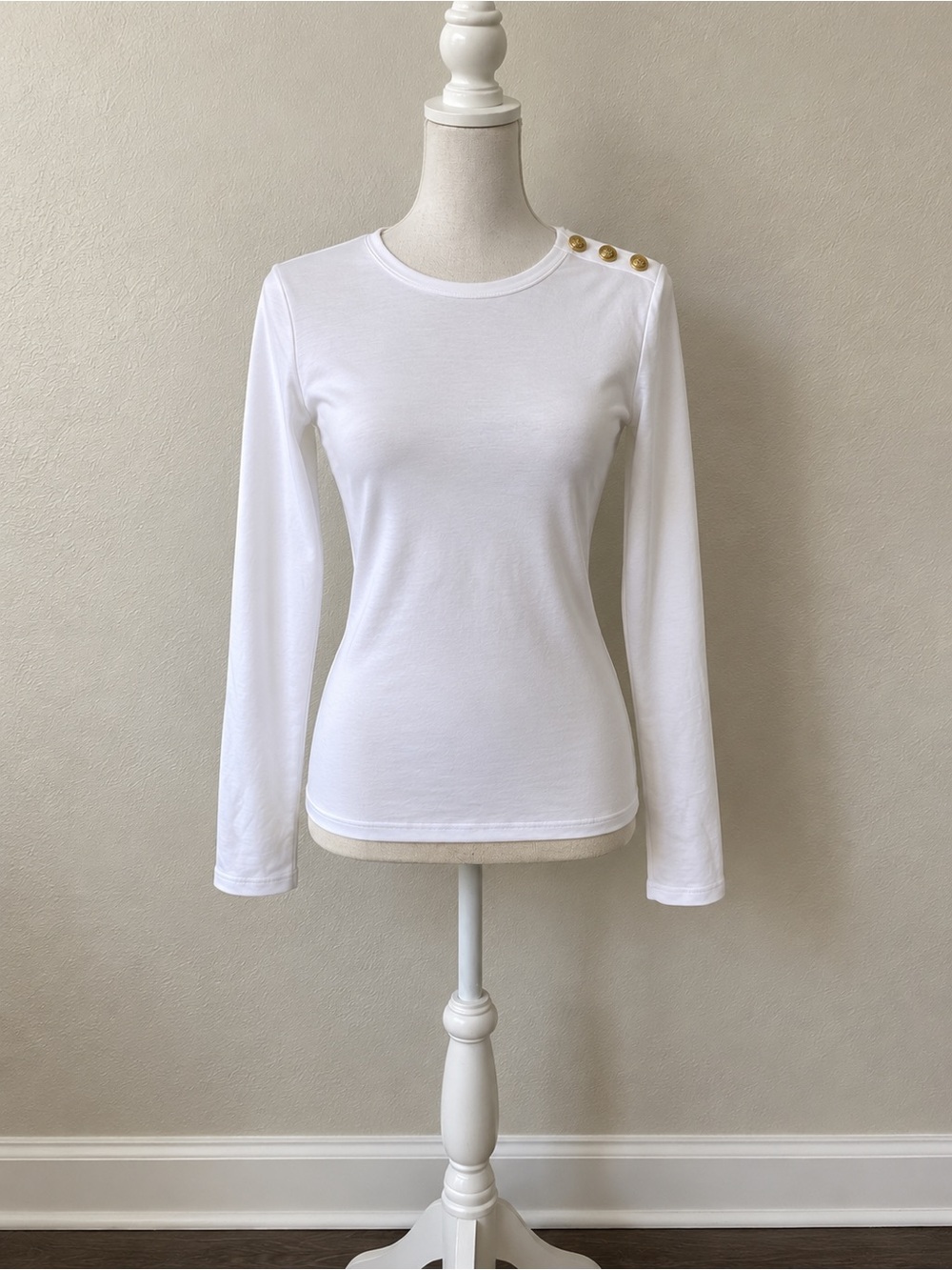 Ralph Lauren White Long-Sleeve Tee with Gold Shoulder Buttons Size Small